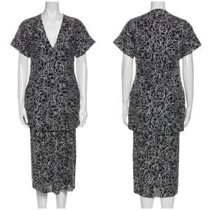 DYVNA NWT V-Neck Tunic Floral Printed Midi Dress Size M Black White Embroidered